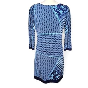 Donna Ricco lined dress 3/4 sleeve, Woman's size 6, contemporary blues.
